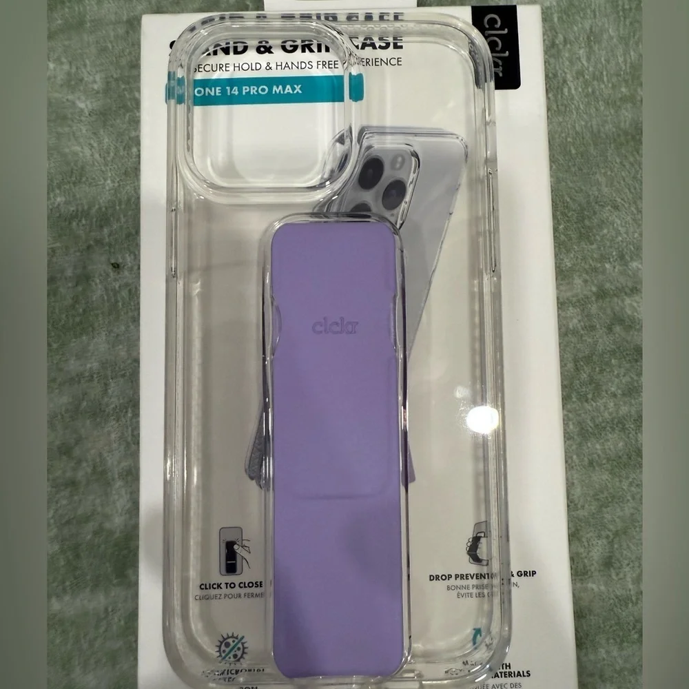 Clckr Stand & Grip Case for iPhone 14 Pro Max - Clear and Purple